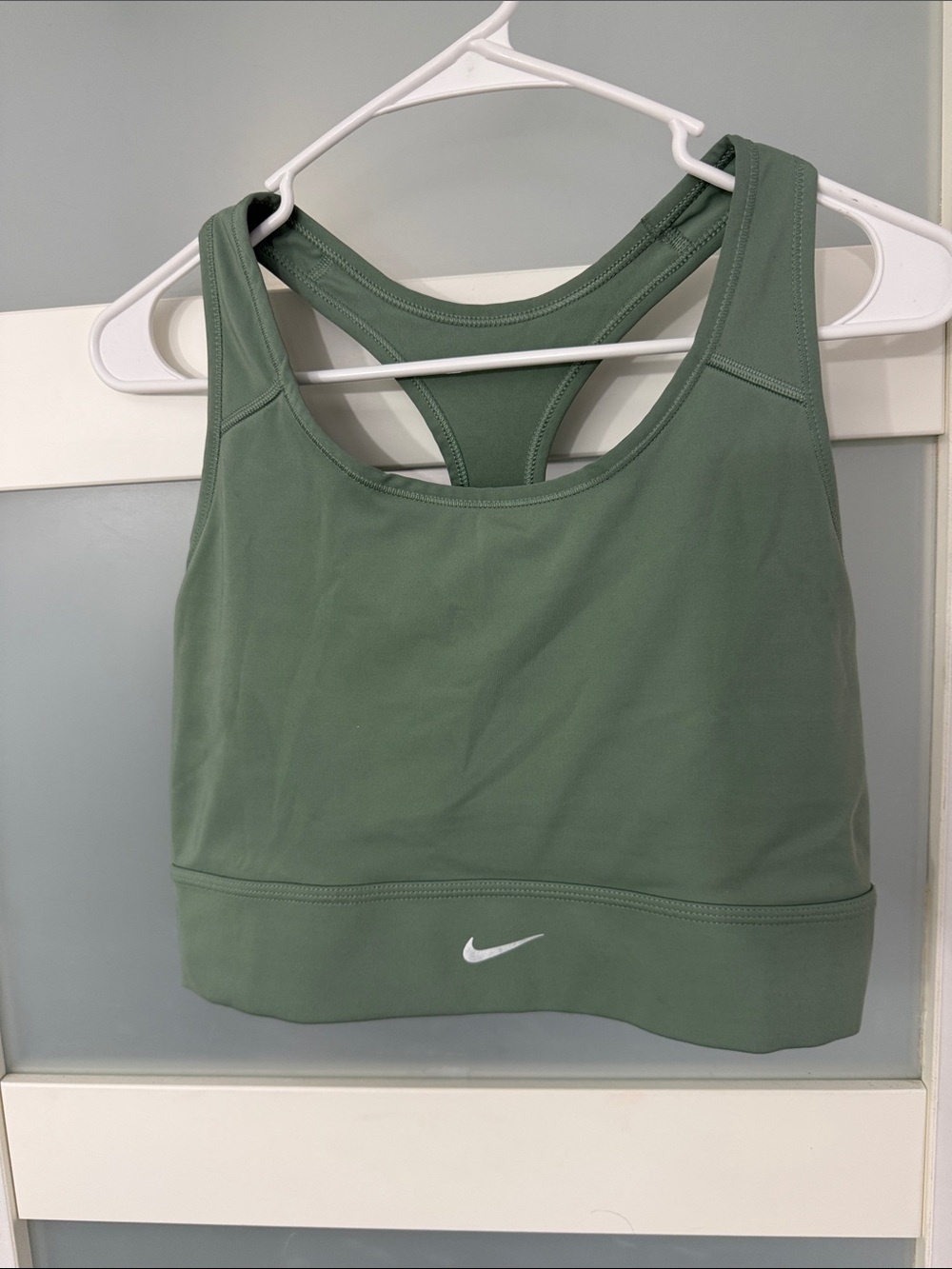 Nike Olive Green Racerback Sports Bra with White Swoosh